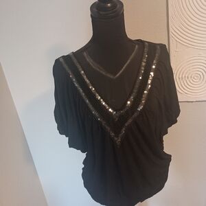 Black Sequin V-Neck Women's Top